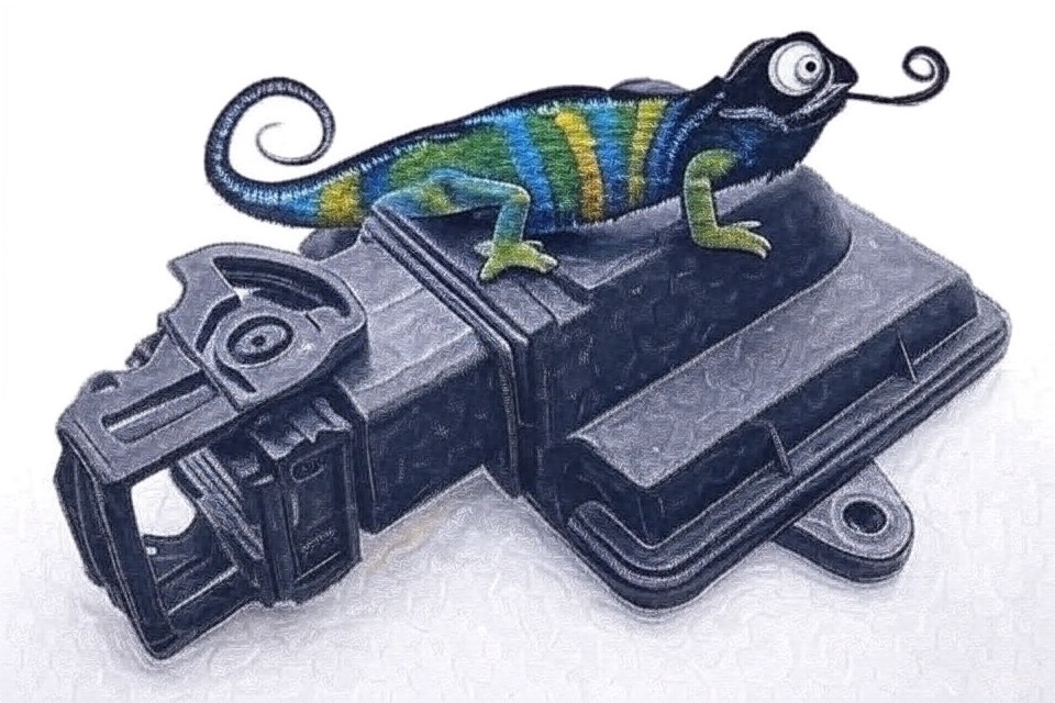 Illustration of a chameleon sitting on the Chameleon controller enclosure